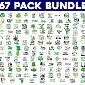 Puede incluir: Un paquete de arte digital con 167 diseños temáticos del Día de San Patricio. Los diseños incluyen tréboles, duendes y frases como "Kiss Me I'm Irish" y "Lucky Charm". El texto "167 PACK BUNDLE!" está en la parte superior.