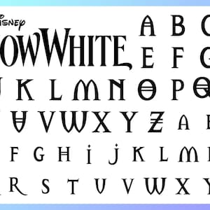 May include: A black and white graphic featuring the Disney Snow White logo and an alphabet in a matching font. The alphabet includes uppercase and lowercase letters, perfect for crafting projects.