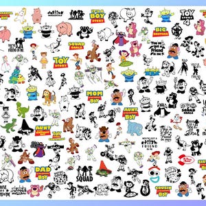 May include: A collection of colorful and black and white cartoon character graphics from the Toy Story franchise. The image includes various characters, quotes, and the Toy Story logo. The graphics are arranged on a gradient blue and white background.