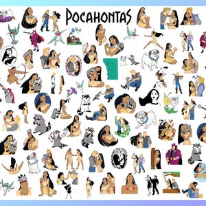 Può includere: Una collezione di illustrazioni di cartoni animati con personaggi e scene del film "Pocahontas". Le immagini includono Pocahontas, John Smith, Meeko, Flit e altri personaggi in varie pose e ambientazioni. La parola "Pocahontas" è scritta in grandi lettere nere.