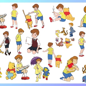 May include: A series of cartoon illustrations depicting a young boy and Winnie the Pooh in different poses. The boy wears a yellow top and blue shorts. Winnie the Pooh is yellow with a red top. Other characters are also present.
