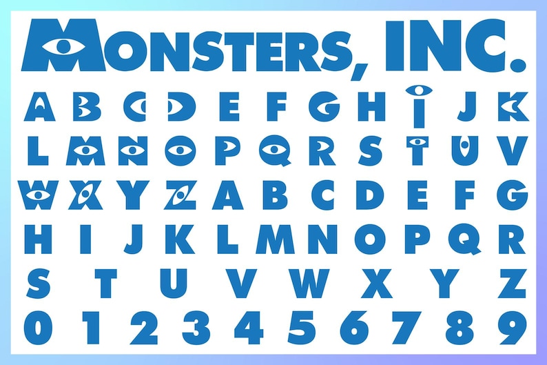 K&ouml;nnte beinhalten: Eine blau-wei&szlig;e Grafik mit den Worten "Monsters, Inc." in einer fetten, stilisierten Schriftart. Das Bild enth&auml;lt das Alphabet und Zahlen, wobei jeder Buchstabe und jede Zahl in passendem Blau gehalten ist.