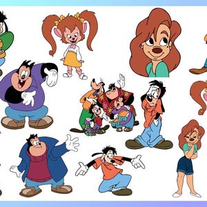 May include: A collection of cartoon character illustrations featuring Goofy, Max, Pete, and Roxanne. The characters are depicted in various poses and outfits, with bright colors and bold outlines. The image has a light blue background.