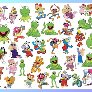 Könnte beinhalten: Eine Sammlung farbenfroher Cartoon-Charakter-Illustrationen, darunter Kermit der Frosch, Miss Piggy und andere Muppets. Die Charaktere sind in verschiedenen Posen und Outfits vor einem blau-weißen Farbverlaufshintergrund.