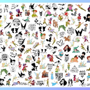 Può includere: Una collezione di illustrazioni e elementi testuali a tema Peter Pan. L'immagine presenta vari personaggi come Peter Pan, Trilli, Capitan Uncino, insieme alla frase "Never Grow Up" in diversi stili. La tavolozza dei colori include verde, nero e bianco.