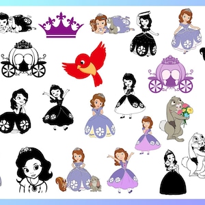 May include: A collection of cartoon illustrations featuring a princess in a purple dress, a red bird, a purple crown, a carriage, and various animal companions. The images are in a variety of poses and styles, suitable for children's products.
