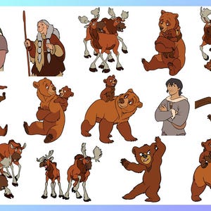 Puede incluir: Una colección de ilustraciones de dibujos animados con osos, alces y personajes humanos. Los osos se representan en varias poses, incluyendo abrazos, sentados y de pie. Los alces se muestran con grandes cornamentas. Los personajes humanos sostienen lanzas.