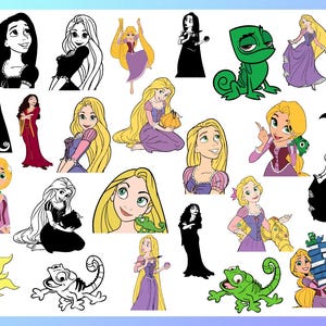 May include: A selection of digital illustrations featuring Rapunzel. The images show Rapunzel in different poses, alongside her chameleon friend, Pascal. The illustrations are in colour and black and white.