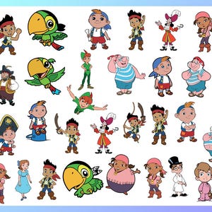 Può includere: Una collezione di illustrazioni di cartoni animati con personaggi di una serie animata a tema pirata. Le immagini includono vari pirati, un pappagallo e altre figure correlate, tutte in colori vivaci e pose distinte. I personaggi sono su sfondo bianco.