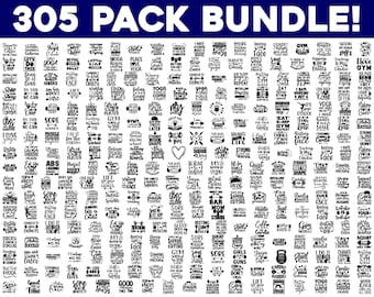 May include: A black and white graphic design image with 305 different motivational quotes related to fitness, exercise, and working out. The quotes are arranged in a grid pattern and include phrases like "No pain, no gain", "Sweat is just fat crying", and "I love yoga".