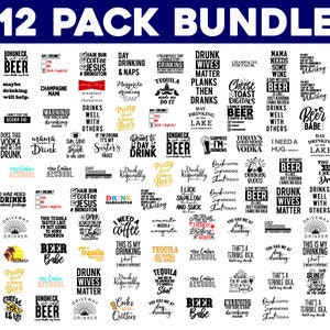 May include: A black and white graphic design image with 112 different designs featuring humorous sayings about drinking beer, wine, tequila, and other alcoholic beverages. The designs are perfect for creating t-shirts, mugs, and other merchandise.