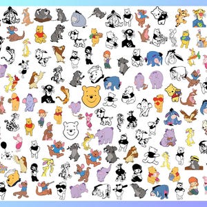 Könnte beinhalten: Eine Sammlung von Illustrationen von Winnie-the-Pooh-Charakteren. Das Bild zeigt farbige und schwarz-weiße Darstellungen von Puuh, Ferkel, Tigger, Eeyore und anderen Figuren aus der beliebten Kinderserie.