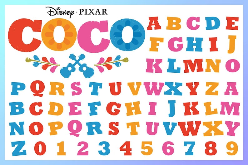 May include: A colorful graphic featuring the word "COCO" in large, stylized letters, with the Disney Pixar logo at the top. Below the word are the letters of the alphabet and numbers 0-9 in various bright colors. Decorative elements include guitars and floral designs.