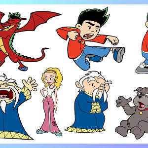 May include: A selection of cartoon characters from the animated series, American Dragon: Jake Long. The image shows a red dragon, a young man in a red top, a woman in a white top and pink trousers, and a dog.