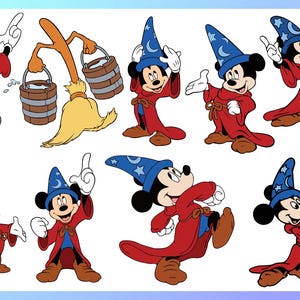 Könnte beinhalten: Eine Sammlung von Cartoon-Illustrationen mit Mickey Mouse in einem Zaubererkostüm. Mickey wird in verschiedenen Posen dargestellt, mit einem roten Umhang, einem blauen Zaubererhut mit Sternen und einem Mond und braunen Schuhen. Der Hintergrund ist weiß.