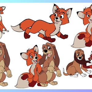 Puede incluir: Una colección de ilustraciones de dibujos animados que presentan un zorro y un perro. El zorro se representa en varias poses, con pelaje naranja y detalles blancos. El perro es marrón y canela. Las ilustraciones están sobre un fondo azul claro.