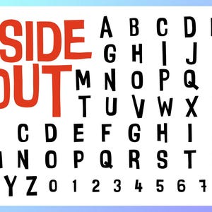 Może przedstawiać: Białe tło z czerwonymi literami "INSIDE OUT". Poniżej tytułu alfabet czarnymi literami, a następnie cyfry 0-9. Obraz ma jasnoniebieską obwódkę gradientową.