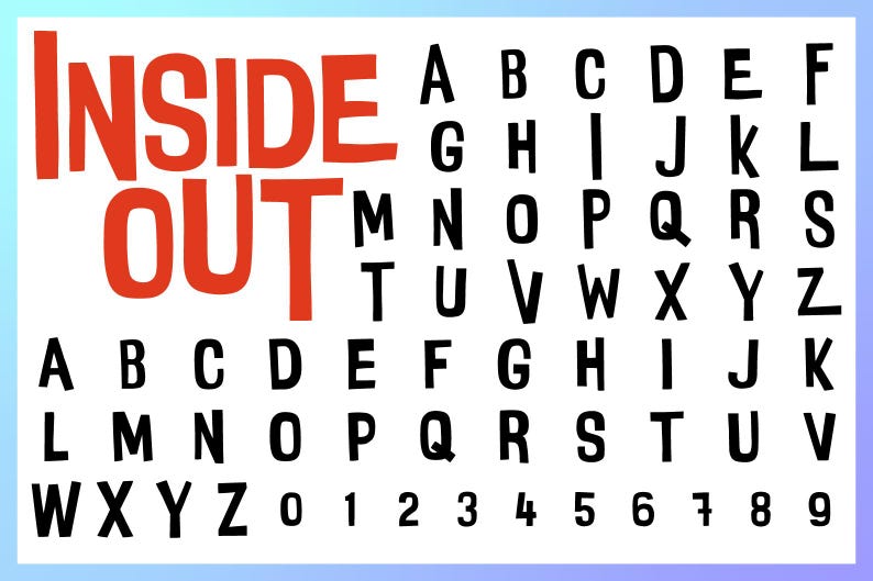 Op de afbeelding: Een witte achtergrond met de woorden "INSIDE OUT" in rode blokletters. Onder de titel staat het alfabet in zwarte blokletters, gevolgd door de cijfers 0-9. De afbeelding heeft een lichtblauwe gradi&euml;ntrand.