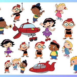 Puede incluir: Una colección de personajes de dibujos animados de la serie Little Einsteins. Los personajes se representan en varias poses, algunos sosteniendo instrumentos musicales y otros cerca de un cohete rojo y un avión rojo.