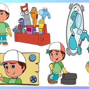 Puede incluir: Ilustración de dibujos animados con un niño con gorra blanca, camisa verde y pantalones azules, con varias herramientas y una caja de herramientas. La imagen incluye un espejo con un reflejo de herramienta y una tabla de madera con un lápiz.