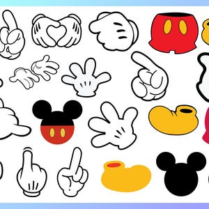 Op de afbeelding: Een verzameling cartoon-elementen, waaronder witte handschoenen met zwarte contouren in verschillende poses, een rode korte broek met gele knopen, gele schoenen en het hoofd van Mickey Mouse. De elementen zijn gerangschikt op een witte achtergrond met een blauwe gradiënt.