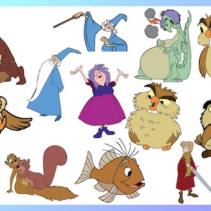 Puede incluir: Una colección de ilustraciones de dibujos animados con personajes de una historia de fantasía. La imagen incluye magos, búhos, un dragón, un pez y otros personajes en varias poses. La paleta de colores está dominada por marrones, azules, verdes y morados.