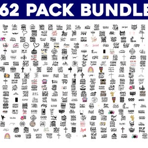 Puede incluir: Una descarga digital de 362 archivos SVG de temática cristiana en blanco y negro. Los archivos presentan una variedad de citas y diseños inspiradores, incluyendo cruces, arcoíris y ángeles. El texto "362 PACK BUNDLE!" se muestra en la parte superior de la imagen.