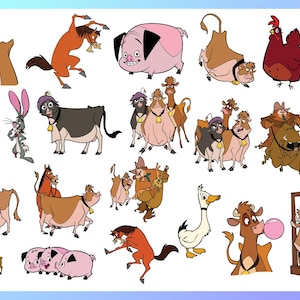 Puede incluir: Una colección de dibujos animados de animales de granja, incluyendo vacas, caballos, cerdos, una gallina y un ganso. Las ilustraciones presentan varios colores y poses, con algunos animales usando sombreros o campanas. El tema general es una escena de granja animada y juguetona.