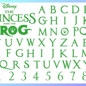 May include: Green alphabet and number set from the Disney movie "The Princess and the Frog". The title is in a stylized font, with the word "Frog" featuring a crown. The letters and numbers are also in green.