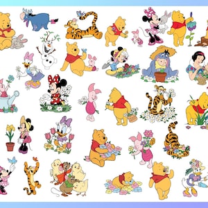 May include: A collection of colorful cartoon illustrations featuring Winnie the Pooh, Mickey and Minnie Mouse, Tigger, Piglet, Eeyore, and other Disney characters. The images depict the characters in various poses, some holding flowers or butterflies.