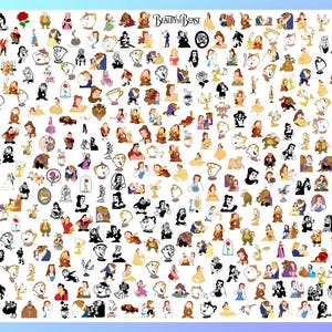 May include: A collage of illustrations from the film "Beauty and the Beast." The images include Belle, the Beast, Lumiere, Cogsworth, Mrs. Potts, Chip, and other characters in various poses and styles. The title "Beauty and the Beast" is at the top.