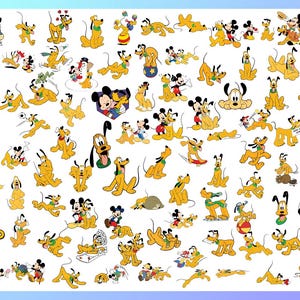Puede incluir: Una colección de imágenes de dibujos animados de Pluto, el perro amarillo de Disney, en varias poses. Mickey Mouse también aparece en varias imágenes. Las imágenes están sobre un fondo blanco con un degradado azul claro.