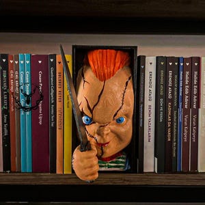 May include: A Chucky doll head with orange hair and blue eyes, holding a knife, displayed in a black frame on a bookshelf. The doll is a detailed replica of the horror movie character.