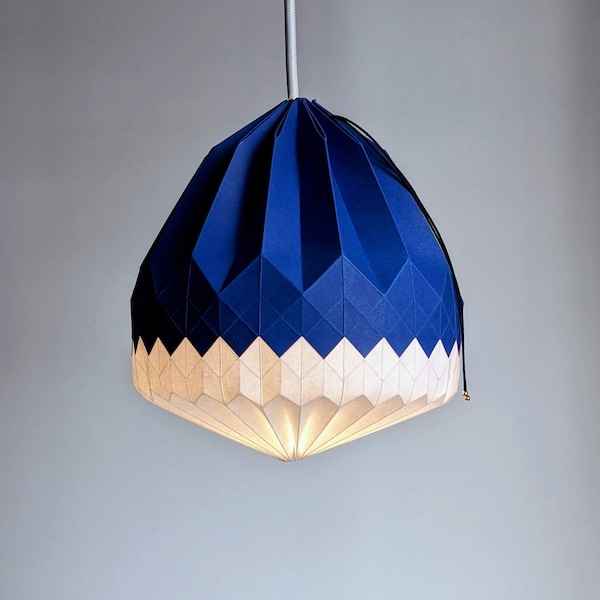 Luminaire suspension origami, abat-jour papier bleu et blanc