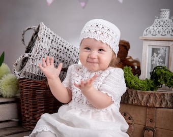 Baptism outfit, linen baptism dress, handmade crochet, gift for baby shower, christening, baptism