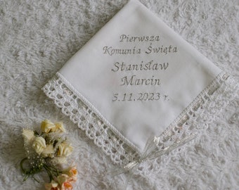 Commemorative communion handkerchief with silver ribbon with embroidery, First Holy Communion, communion handkerchief