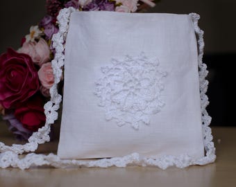 Linen Communion Bag, Linen Communion Bag with Crochet Decoration