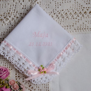 Baptism robe with pink ribbon and bouquet, embroidered, cotton, lace