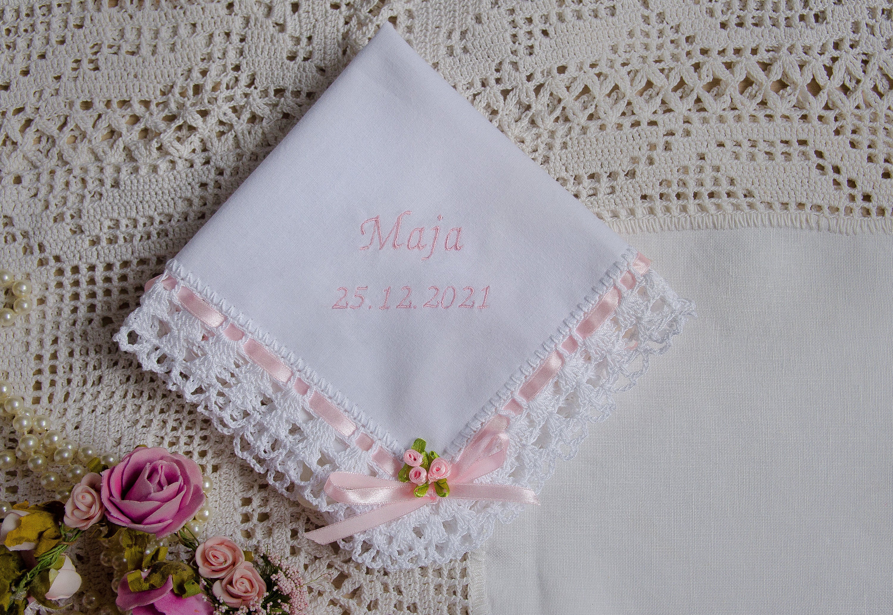 Baptism robe with pink ribbon and bouquet, with embroidery, cotton, lace