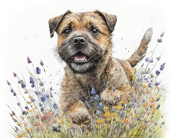 Border Terrier in Flowers Clipart, Watercolour Image, Instant Digital Download, High Quality JPEG JPG, Sublimation, Wall Art, Commercial Use