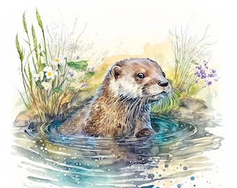 Otter Swimming in a River Clipart, Watercolour Image, Instant Digital Download, High Quality JPEG JPG, Sublimation, Wall Art, Commercial Use