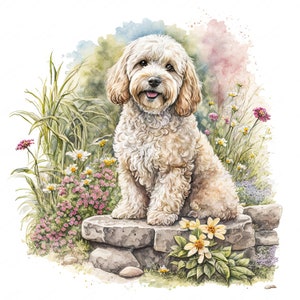 May include: A light brown and white fluffy dog sits on a stone wall in a garden setting. The dog has a happy expression and is surrounded by green plants and colourful flowers.