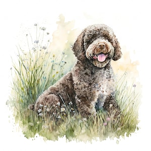 May include: A brown and white curly-haired dog sits in a field of green grass and wildflowers. The dog has a pink tongue sticking out and is looking directly at the viewer.