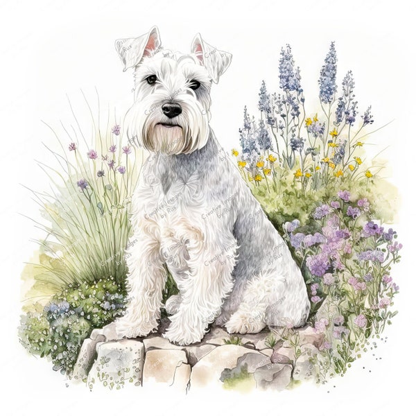 Miniature Schnauzer White Dog Clipart, Watercolour Garden Image, Instant Digital Download, HQ JPEG JPG, Sublimation, Wall Art,Commercial Use