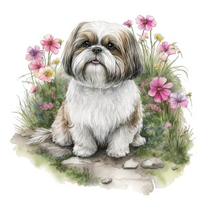 Clipart chien Shih Tzu, image de fleurs aquarelle, téléchargement numérique instantané, haute qualité JPEG JPG, sublimation, art mural, usage Commercial