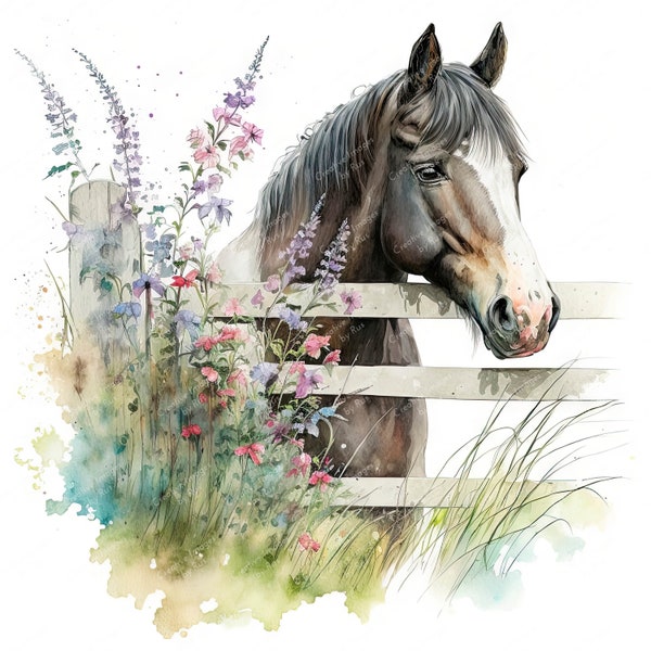 Lovely Horse Clipart, Paddock, Watercolour Image, Instant Digital Download, High Quality JPEG JPG, Sublimation, Wall Art, Commercial Use