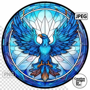 Mythique bleu Phoenix vitrail Clipart, image ronde, téléchargement numérique instantané, PNG & JPEG JPG, sublimation, usage Commercial