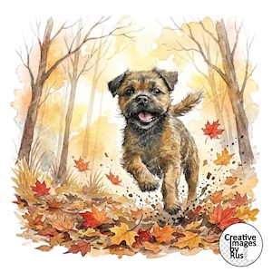 Könnte beinhalten: Aquarellillustration eines Border Terrier-Welpen, der durch Herbstlaub rennt. Der Hund hat braunes und schwarzes Fell, mit herausgestreckter Zunge. Der Hintergrund zeigt Bäume und fallende Blätter in Orange- und Gelbtönen.