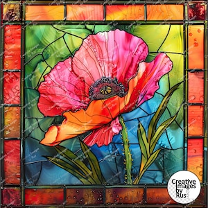 Clipart vitrail coquelicot, belle image, téléchargement numérique instantané, JPEG JPG de haute qualité, sublimation, art mural, usage commercial, coquelicots