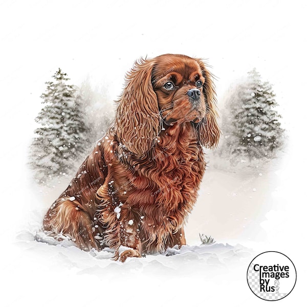 Cavalier King Charles Spaniel Dog Clipart, Watercolour Winter Image, Instant Digital Download, JPEG JPG, Sublimation,Wall Art,Commercial Use